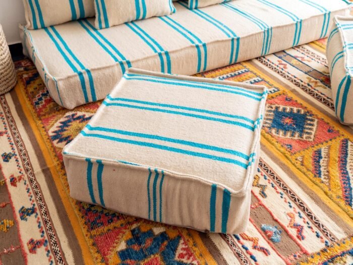 Cushions from Moroccan wool sofa in cream with turquoise – handwoven pillows for cozy, modern bohemian decor