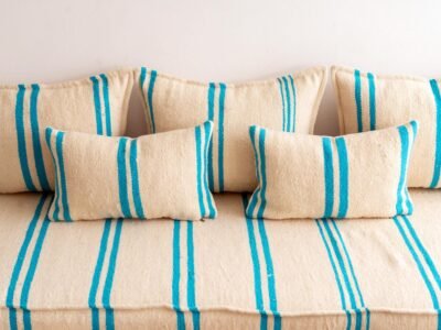 Handmade Moroccan Floor Couch Set in Cream & Turquoise Stripes - Image 3