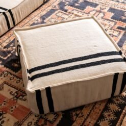 Top-down view of handmade Moroccan sofa in cream with black stripes – low floor seating for contemporary homes