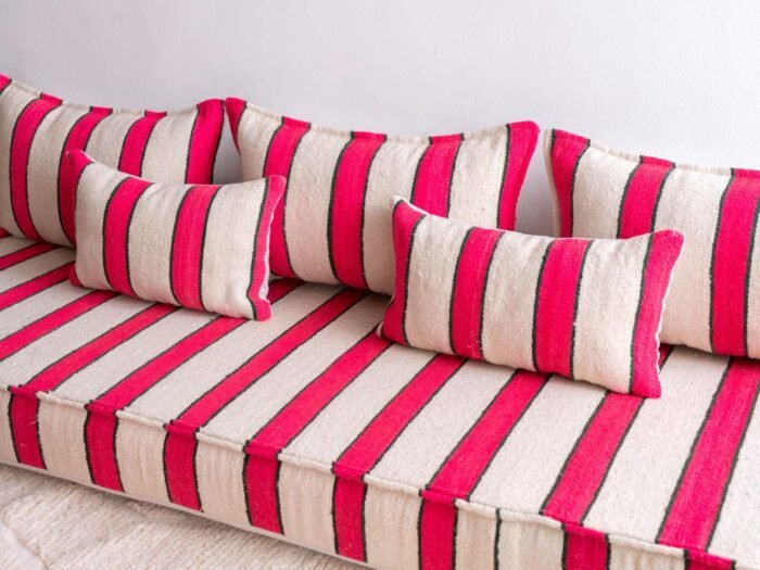 Handwoven cushions from Moroccan floor sofa in cream with red and black – artisan wool pillows for cozy and eclectic décor