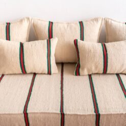 Handcrafted cushions from Moroccan wool sofa in red and green stripes – cozy pillows for bohemian home decor