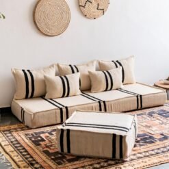 Left side image of artisan Moroccan sofa in cream and black – ideal for modern bohemian décor