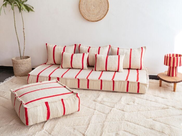 Cream and Red Moroccan Floor Couch Cover Set - Image 6