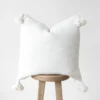 handwoven white Moroccan pillow with cotton pompom edging – artisan cushion cover in 18", 20", and 22" sizes for boho and neutral decor