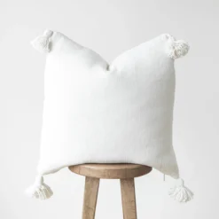 handwoven white Moroccan pillow with cotton pompom edging – artisan cushion cover in 18", 20", and 22" sizes for boho and neutral decor