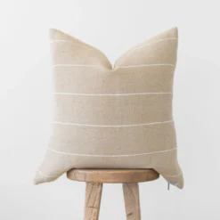 Moroccan pillow with delicate white woven stripes – handmade cotton pillow for stylish neutral decor