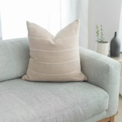 handwoven Moroccan pillows in tan with white stripes – artisan cotton cushions in multiple sizes for modern home decor