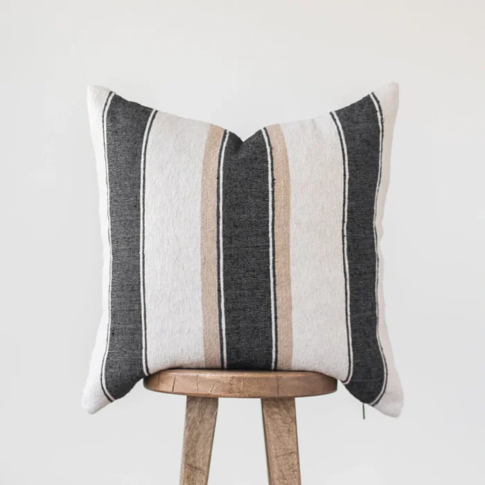 Handwoven Moroccan pillow with cream, tan, and black stripes – artisan cotton cushion for boho and neutral home decor in 18", 20", and 24"