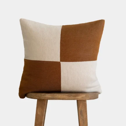 Cream Moroccan pillow cover with spice-toned checker pattern – handmade boho cotton cushion for modern, cozy interior styling