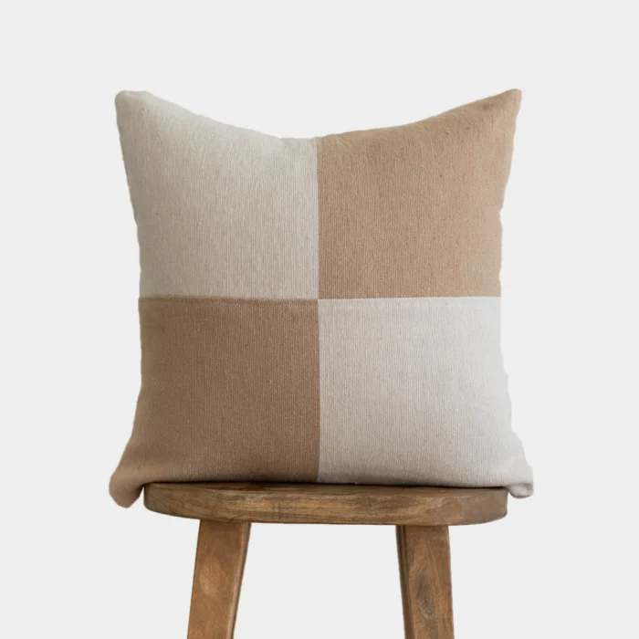 Front view of handwoven Moroccan pillow in cream and tan checker pattern – artisan cotton cushion cover for boho and minimalist interiors
