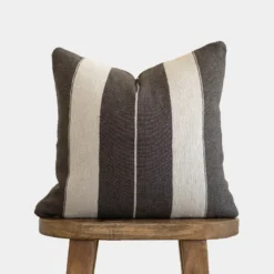 Handwoven dark grey Moroccan pillow with off white horizontal stripes – handmade cotton throw pillow available in 18", 20", and 24"