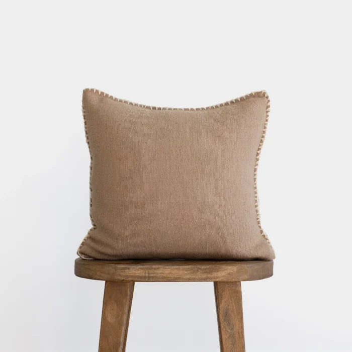 Handmade Moroccan tan pillow cover with cream stitching detail – boho-style accent cushion made from soft cotton, ideal for earthy home interiors