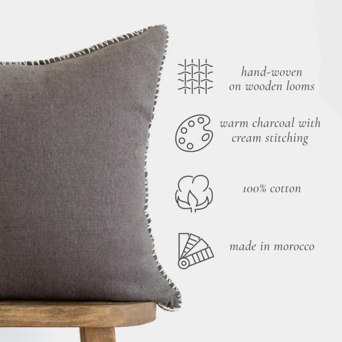 handmade Moroccan charcoal pillow with bold stitching – premium cotton cushion cover for sofas, beds, and reading corners