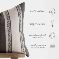 Moroccan pillow in warm charcoal with cream stripe embroidery – handwoven cotton cushion for neutral boho interiors