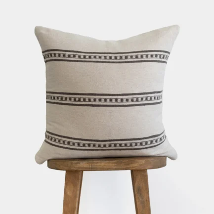 Artisan handmade Moroccan pillow cover made from 100% cotton, featuring a minimalist white base with horizontal brown stripes – modern and timeless cushion cover for sofas, beds, and chairs