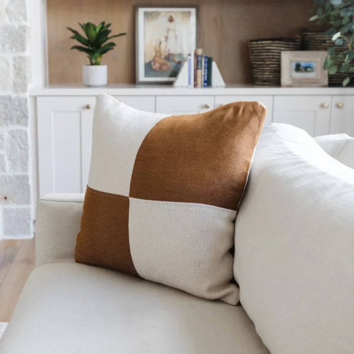Moroccan pillow with spice and cream check pattern – boho-style handmade cotton cushion cover