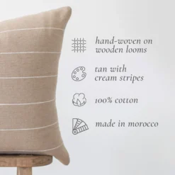 Handwoven tan pillow with white woven stripes – artisan Moroccan home decor cushion in 18", 20", and 24