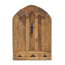 Handcrafted Amazigh cedar wood panel with traditional Berber carvings and distressed vintage finish