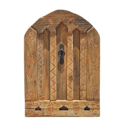 Handcrafted Amazigh cedar wood panel with traditional Berber carvings and distressed vintage finish