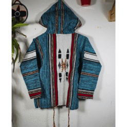 turquoise and black patterned Moroccan fleece hoodie, unisex boho jacket with artisan wooden toggles, premium fleece blend, ideal for layering and casual wear in USA, UK, Europe.