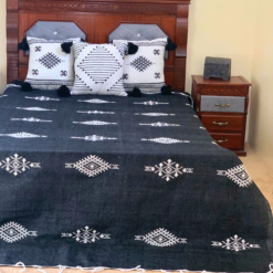 black Cotton Moroccan blanket featuring white embroidery – artisan throw with hand-stitched cushions