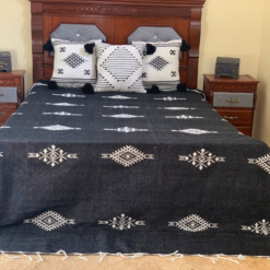 black Moroccan handwoven cotton blanket with white embroidery – includes 3 coordinating pillows