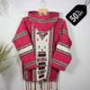 Handmade Moroccan fleece hoodie in pink and white stripes, unisex boho jacket with soft fleece and natural wool, wooden toggle buttons, cozy hood, artisan crafted for casual wear, travel, festivals, and layering