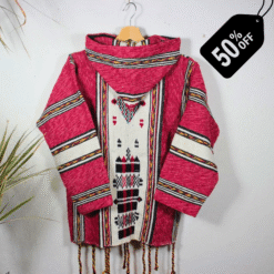 Handmade Moroccan fleece hoodie in pink and white stripes, unisex boho jacket with soft fleece and natural wool, wooden toggle buttons, cozy hood, artisan crafted for casual wear, travel, festivals, and layering