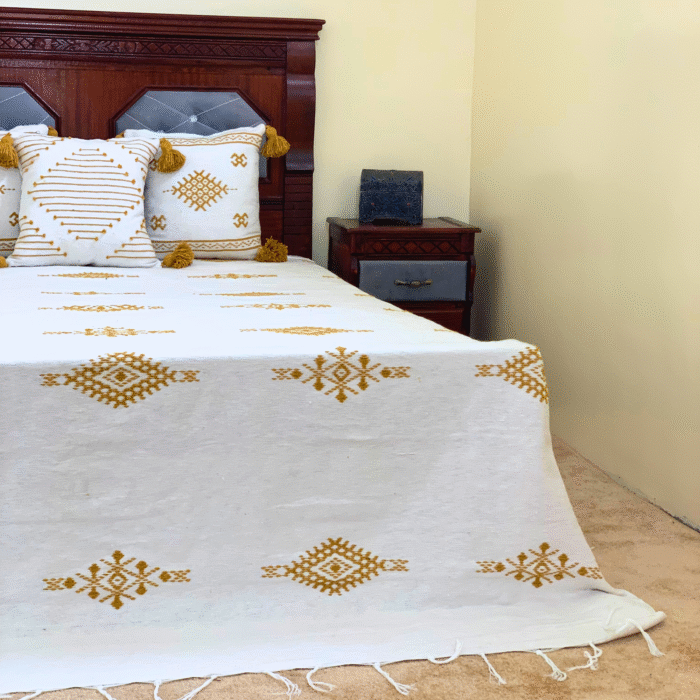 Moroccan Cotton Blanket Set – White & Mustard - Image 2