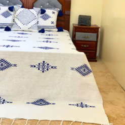 white Cotton Moroccan blanket set with delicate blue embroidery – handmade throw and 3 embroidered pillows