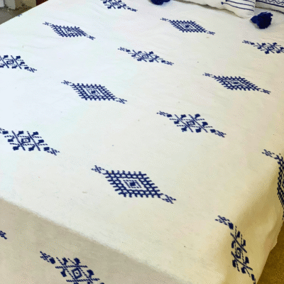 Moroccan Cotton Blanket Set – White & Blue - Image 4