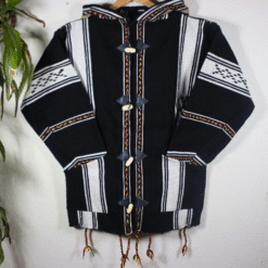 black handmade Moroccan fleece hoodie, artisan crafted unisex jacket blending tradition and modern comfort.
