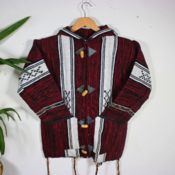 showing hood and shoulder area of red and black patterned handmade Moroccan hoodie with premium fleece and wool fabric.