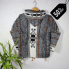 Stylish black and grey patterned handmade Moroccan fleece hoodie, unisex boho jacket featuring warm fleece and natural wool blend, traditional wooden toggle buttons, and a cozy hood – ideal for layering, casual wear, and festival fashion in USA, UK, and European bohemian communities.