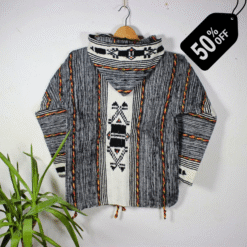 Stylish black and grey patterned handmade Moroccan fleece hoodie, unisex boho jacket featuring warm fleece and natural wool blend, traditional wooden toggle buttons, and a cozy hood – ideal for layering, casual wear, and festival fashion in USA, UK, and European bohemian communities.