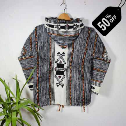 Stylish black and grey patterned handmade Moroccan fleece hoodie, unisex boho jacket featuring warm fleece and natural wool blend, traditional wooden toggle buttons, and a cozy hood – ideal for layering, casual wear, and festival fashion in USA, UK, and European bohemian communities.