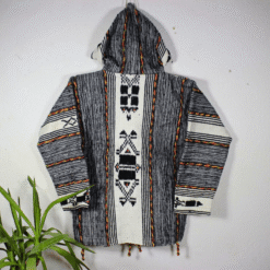 black and grey patterned handmade Moroccan fleece hoodie, unisex boho jacket with warm fleece and wool blend, wooden toggles, cozy hood.