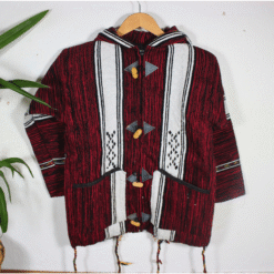 red and black patterned Moroccan hoodie highlighting traditional pattern, hood, and natural wool blend, unisex artisan jacket.