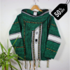 Unique green and black patterned handmade Moroccan fleece hoodie, unisex boho jacket crafted with premium fleece and natural wool, accented by wooden toggle buttons and a comfortable hood – perfect for travel, festivals, layering, and casual fashion across USA, UK, and Europe.