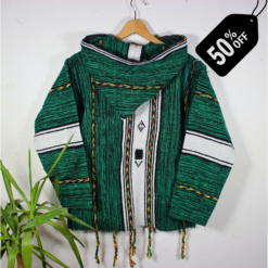 Unique green and black patterned handmade Moroccan fleece hoodie, unisex boho jacket crafted with premium fleece and natural wool, accented by wooden toggle buttons and a comfortable hood – perfect for travel, festivals, layering, and casual fashion across USA, UK, and Europe.