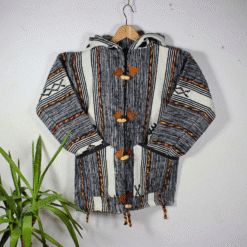 showing hood and shoulder details of black and grey patterned Moroccan hoodie with premium fleece and wool blend