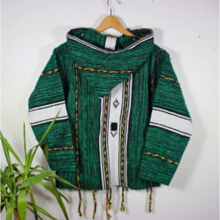 green and black patterned handmade Moroccan fleece hoodie, unisex boho jacket with wooden toggle buttons, cozy hood, crafted from premium fleece and natural wool