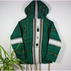 green and black patterned Moroccan fleece hoodie, unisex artisan jacket combining traditional patterns with modern comfort and style.