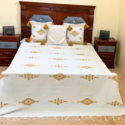white Moroccan handwoven wool blanket with mustard yellow embroidery – includes 3 coordinating pillows