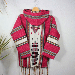 Handmade Moroccan fleece hoodie in pink and white stripes, unisex boho jacket with soft fleece and natural wool, wooden toggle buttons, cozy hood, artisan crafted for casual wear, travel, festivals, and layering. Popular in USA, UK, and European bohemian fashion markets