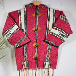 Handmade Moroccan fleece hoodie in pink and white stripes, unisex boho jacket with soft fleece and natural wool, wooden toggle buttons, cozy hood, artisan crafted for casual wear, travel, festivals, and layering. Popular in USA, UK, and European bohemian fashion markets.