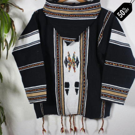Classic black handmade Moroccan fleece hoodie, unisex boho jacket crafted from premium fleece and natural wool, featuring traditional wooden toggles and a cozy hood – versatile artisan outerwear ideal for layering