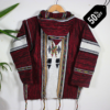 Bold red and black patterned handmade Moroccan fleece hoodie, unisex boho jacket crafted from natural wool and premium fleece with traditional wooden toggles and hood – perfect for layering, travel, festivals, and casual fashion in USA, UK, and European markets.