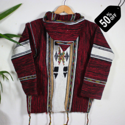 Bold red and black patterned handmade Moroccan fleece hoodie, unisex boho jacket crafted from natural wool and premium fleece with traditional wooden toggles and hood – perfect for layering, travel, festivals, and casual fashion in USA, UK, and European markets.