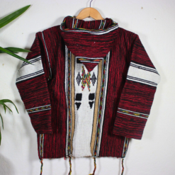 Red and Black patterned Moroccan fleece hoodie, traditional artisan craftsmanship, unisex boho jacket designed for warmth and layering.